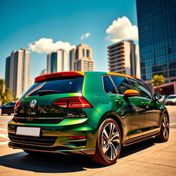 A sleek, stylish dark green Volkswagen Golf parked in a vibrant city setting