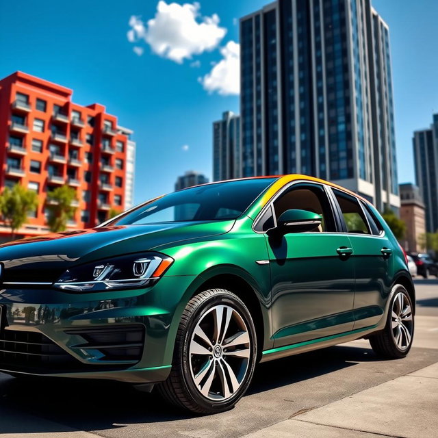 A sleek, stylish dark green Volkswagen Golf parked in a vibrant city setting