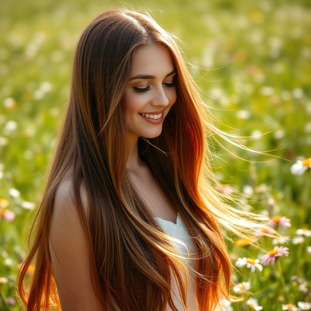 A beautiful woman with long, flowing hair that cascades elegantly down her back