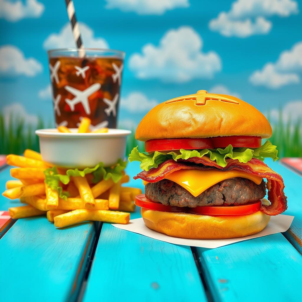 A delicious hamburger with buns featuring an embossed airplane design on top