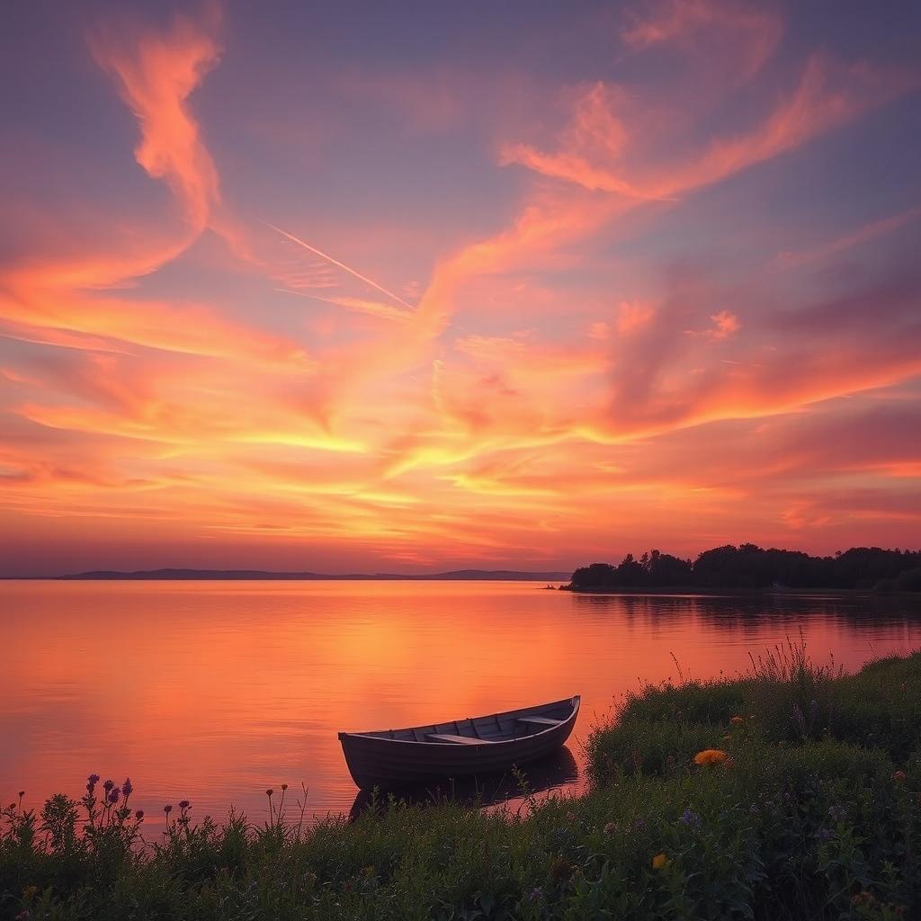 A serene landscape featuring a vast body of water reflecting the vibrant hues of a sunset, with soft wispy clouds illuminated in shades of pink, orange, and purple