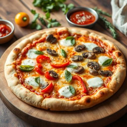 A perfectly baked pizza showcasing a well-balanced combination of fresh, vibrant capsicum slices and savory mushrooms, evenly distributed across a golden brown crust