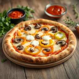 A perfectly baked pizza showcasing a well-balanced combination of fresh, vibrant capsicum slices and savory mushrooms, evenly distributed across a golden brown crust