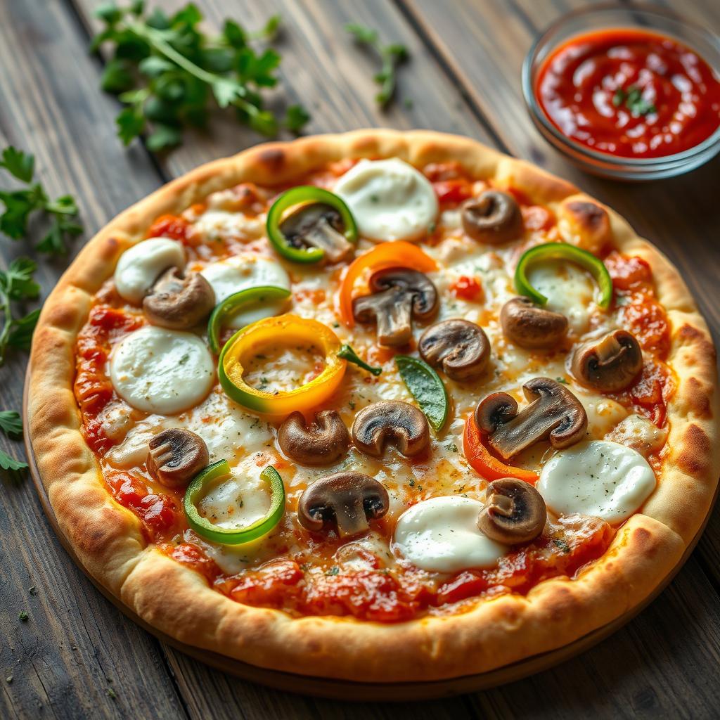 A perfectly baked pizza showcasing a well-balanced combination of fresh, vibrant capsicum slices and savory mushrooms, evenly distributed across a golden brown crust