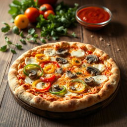 A perfectly baked pizza showcasing a well-balanced combination of fresh, vibrant capsicum slices and savory mushrooms, evenly distributed across a golden brown crust