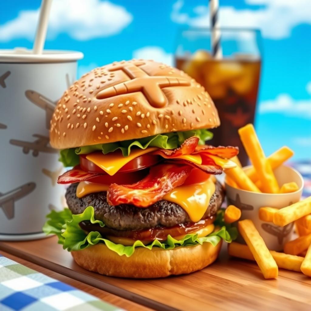 A gourmet hamburger featuring sesame seed buns embossed with a detailed airplane design on the top bun