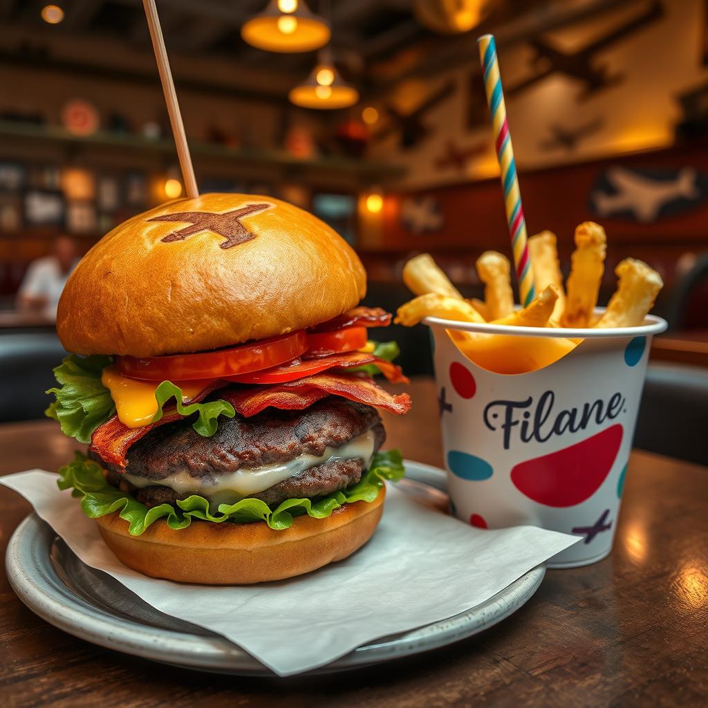 An artistic overhead shot of a gourmet hamburger featuring buns with an embossed airplane design on top