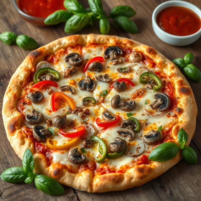 An enticing pizza that has been expertly baked to a perfect golden brown, showcasing a crust that is both crispy and tender
