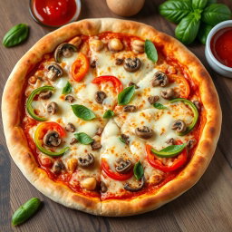 An enticing pizza that has been expertly baked to a perfect golden brown, showcasing a crust that is both crispy and tender