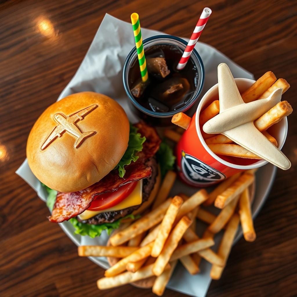An overhead view of a creatively designed hamburger featuring buns with an embossed airplane design on the top