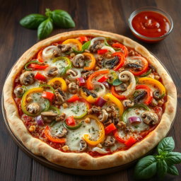 A deliciously crafted pizza overflowing with an abundant assortment of vibrant capsicum slices and crunchy onions, perfectly blended with savory mushrooms and sprinkled with aromatic herbs