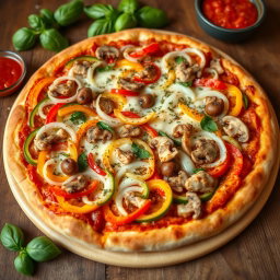 A deliciously crafted pizza overflowing with an abundant assortment of vibrant capsicum slices and crunchy onions, perfectly blended with savory mushrooms and sprinkled with aromatic herbs