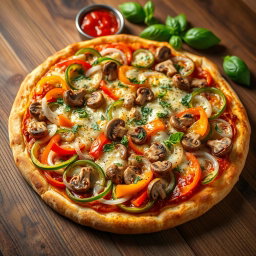 A deliciously crafted pizza overflowing with an abundant assortment of vibrant capsicum slices and crunchy onions, perfectly blended with savory mushrooms and sprinkled with aromatic herbs