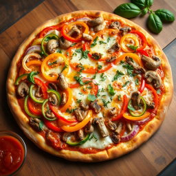 A deliciously crafted pizza overflowing with an abundant assortment of vibrant capsicum slices and crunchy onions, perfectly blended with savory mushrooms and sprinkled with aromatic herbs