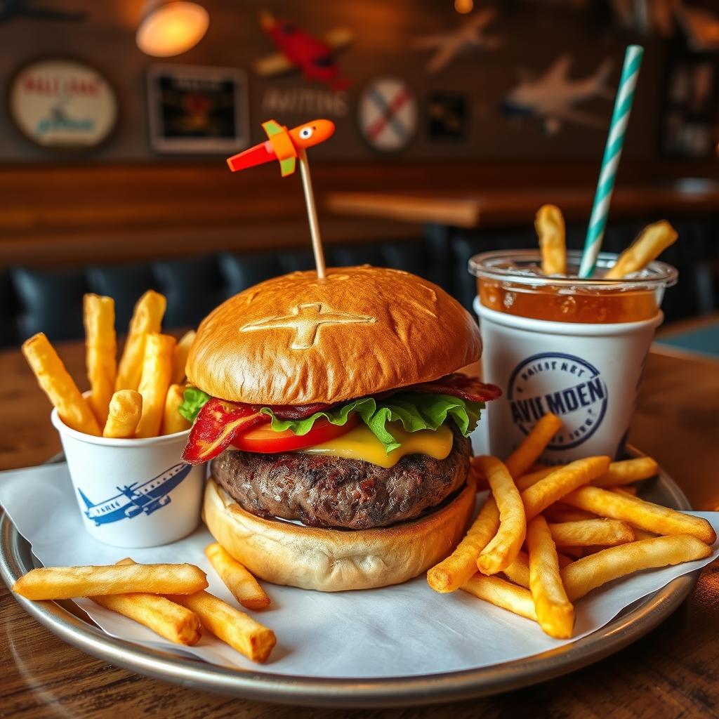 An overhead view of a delicious gourmet hamburger with buns featuring an embossed airplane design on the top bun