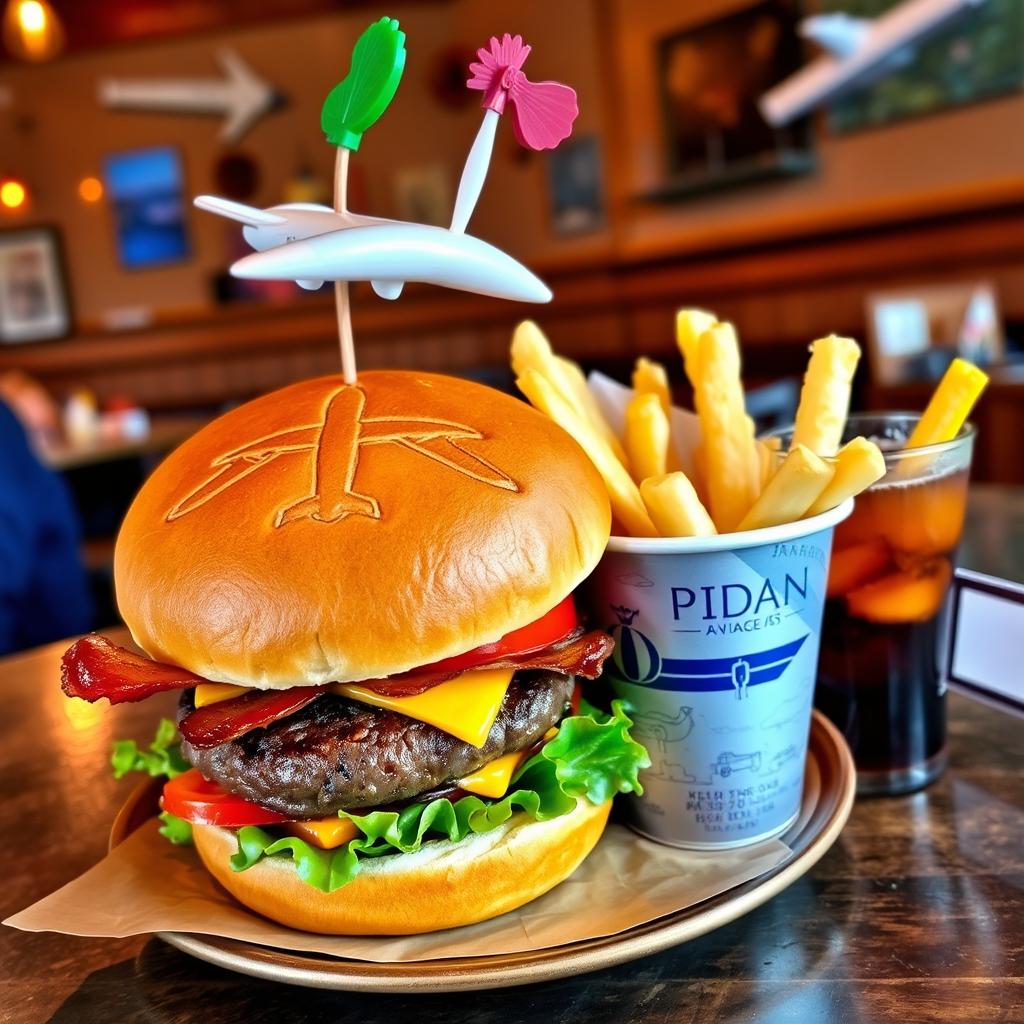 An overhead view of a unique hamburger featuring buns marked with an embossed airplane design on the top bun