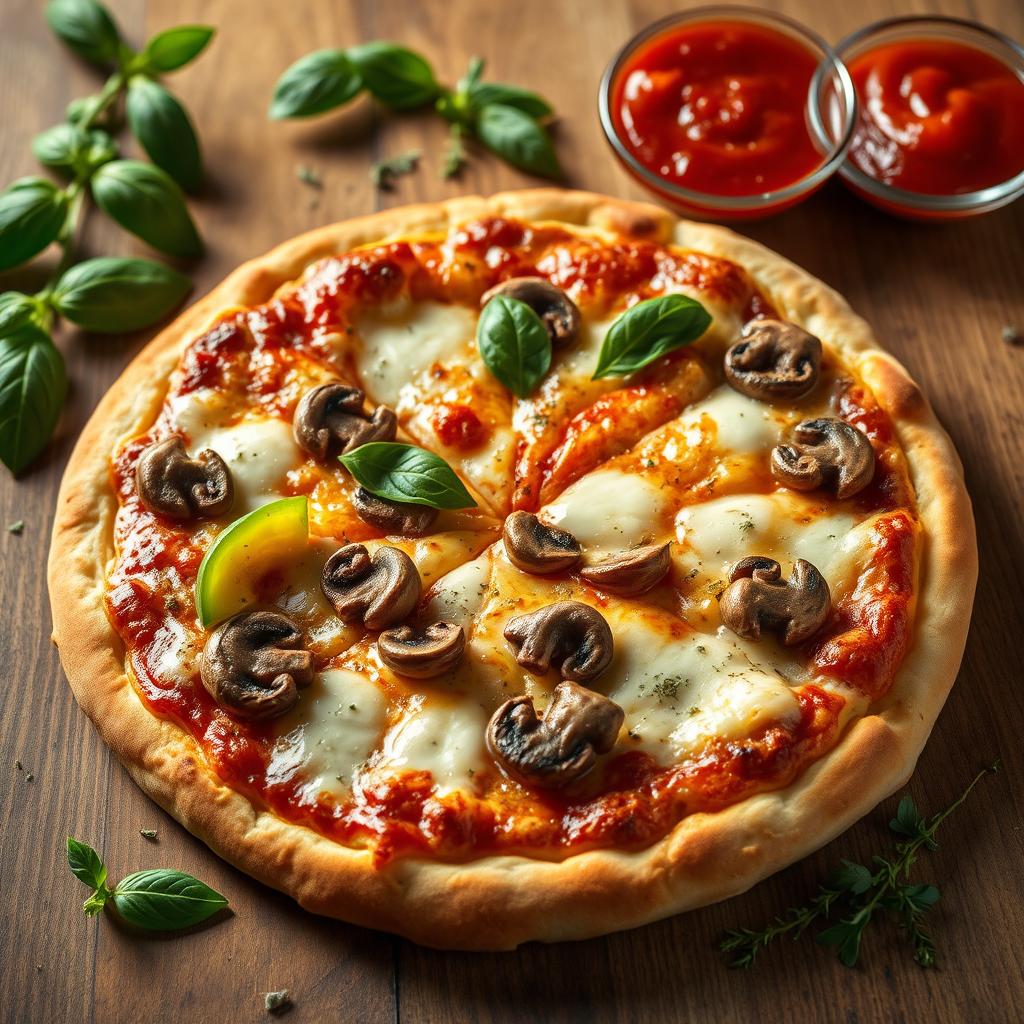 A hyper-realistic pizza that has been expertly baked to a perfect golden brown, featuring a well-balanced combination of fresh, vibrant capsicum slices and savory mushrooms, artfully arranged for visual appeal