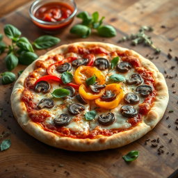 A hyper-realistic pizza that has been expertly baked to a perfect golden brown, featuring a well-balanced combination of fresh, vibrant capsicum slices and savory mushrooms, artfully arranged for visual appeal