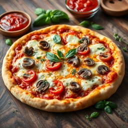 A hyper-realistic pizza that has been expertly baked to a perfect golden brown, featuring a well-balanced combination of fresh, vibrant capsicum slices and savory mushrooms, artfully arranged for visual appeal