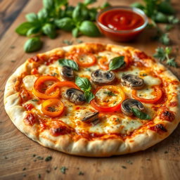 A hyper-realistic pizza that has been expertly baked to a perfect golden brown, featuring a well-balanced combination of fresh, vibrant capsicum slices and savory mushrooms, artfully arranged for visual appeal