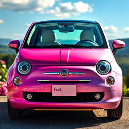 A stylish Fiat car featuring a stunning gradient paint job that transitions from vibrant pink at the front to a soft lavender at the rear