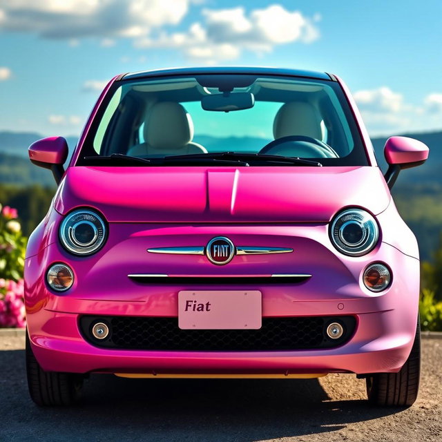 A stylish Fiat car featuring a stunning gradient paint job that transitions from vibrant pink at the front to a soft lavender at the rear
