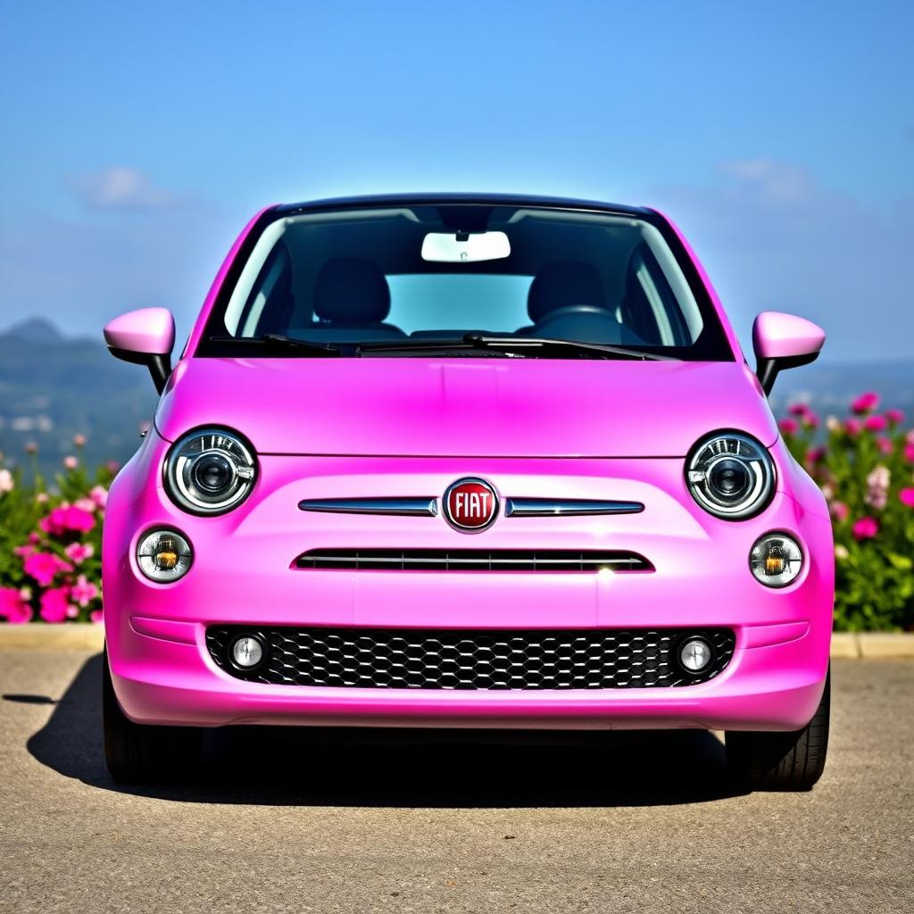 A stylish Fiat car featuring a stunning gradient paint job that transitions from vibrant pink at the front to a soft lavender at the rear