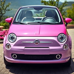 A stylish Fiat car featuring a stunning gradient paint job that transitions from vibrant pink at the front to a soft lavender at the rear