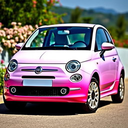 A stylish Fiat car featuring a stunning gradient paint job that transitions from vibrant pink at the front to a soft lavender at the rear