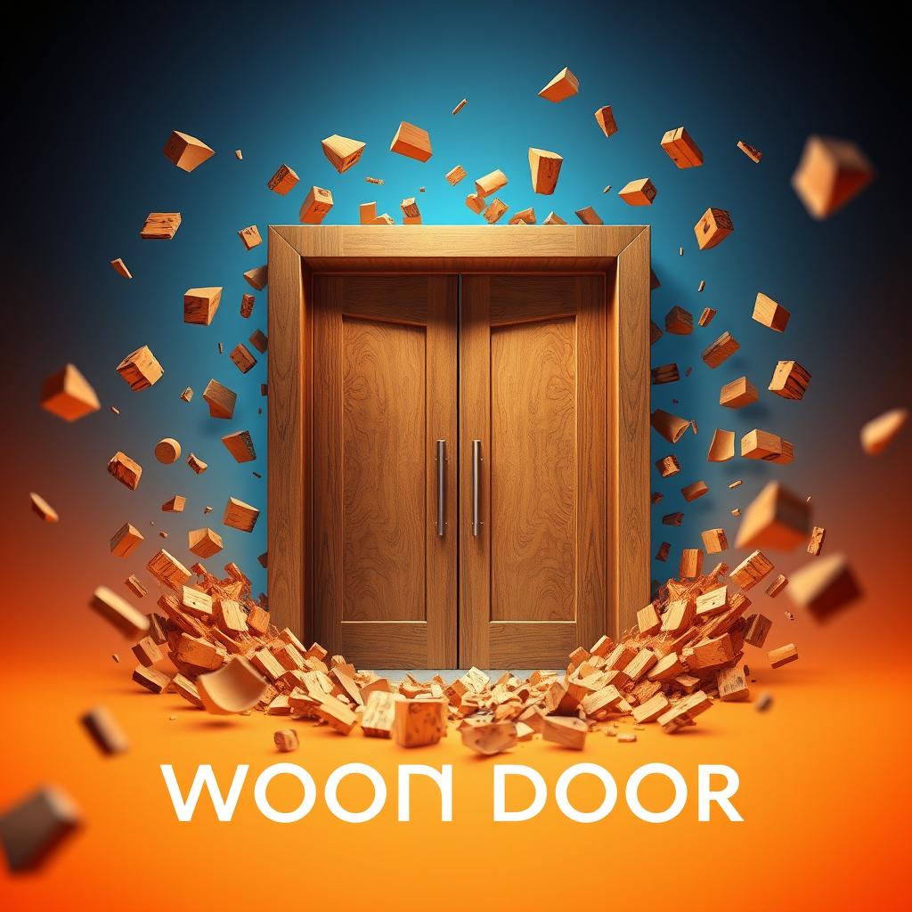A futuristic and sleek 3D rendered poster showcasing modern, strong wooden front entry doors, designed in a stylized manner