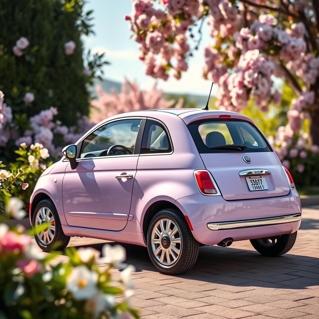 A captivating Fiat car in a stunning lilac color, showcasing its charming design and rounded features