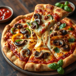 A hyper-realistic pizza that has been expertly baked to a perfect golden brown, featuring a well-balanced combination of fresh, vibrant capsicum slices, crunchy onions, and savory mushrooms, artfully arranged for visual appeal