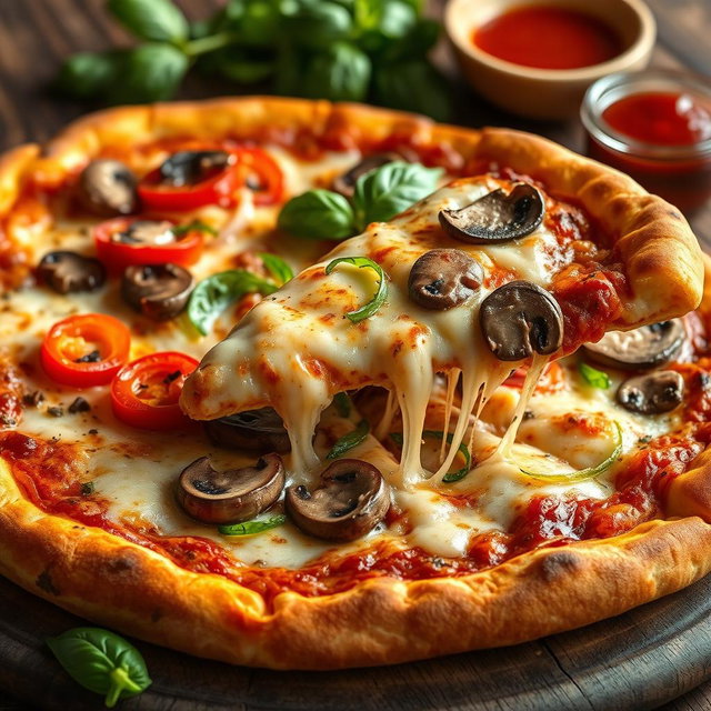 A hyper-realistic pizza that has been expertly baked to a perfect golden brown, featuring a well-balanced combination of fresh, vibrant capsicum slices, crunchy onions, and savory mushrooms, artfully arranged for visual appeal