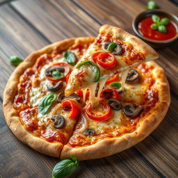 A hyper-realistic pizza that has been expertly baked to a perfect golden brown, featuring a well-balanced combination of fresh, vibrant capsicum slices, crunchy onions, and savory mushrooms, artfully arranged for visual appeal