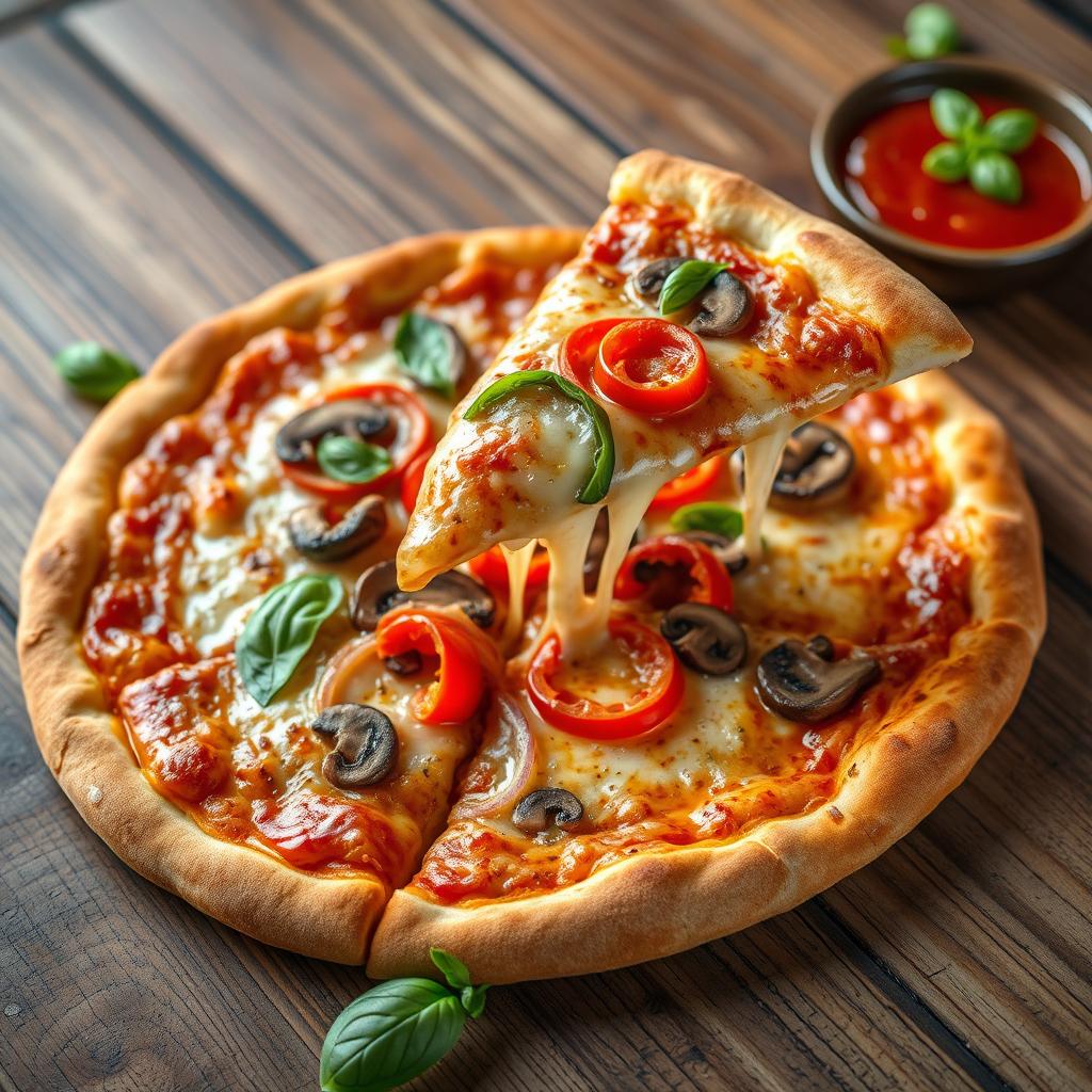 A hyper-realistic pizza that has been expertly baked to a perfect golden brown, featuring a well-balanced combination of fresh, vibrant capsicum slices, crunchy onions, and savory mushrooms, artfully arranged for visual appeal
