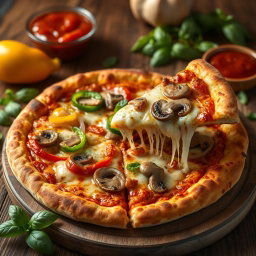 A hyper-realistic pizza that has been expertly baked to a perfect golden brown, featuring a well-balanced combination of fresh, vibrant capsicum slices, crunchy onions, and savory mushrooms, artfully arranged for visual appeal