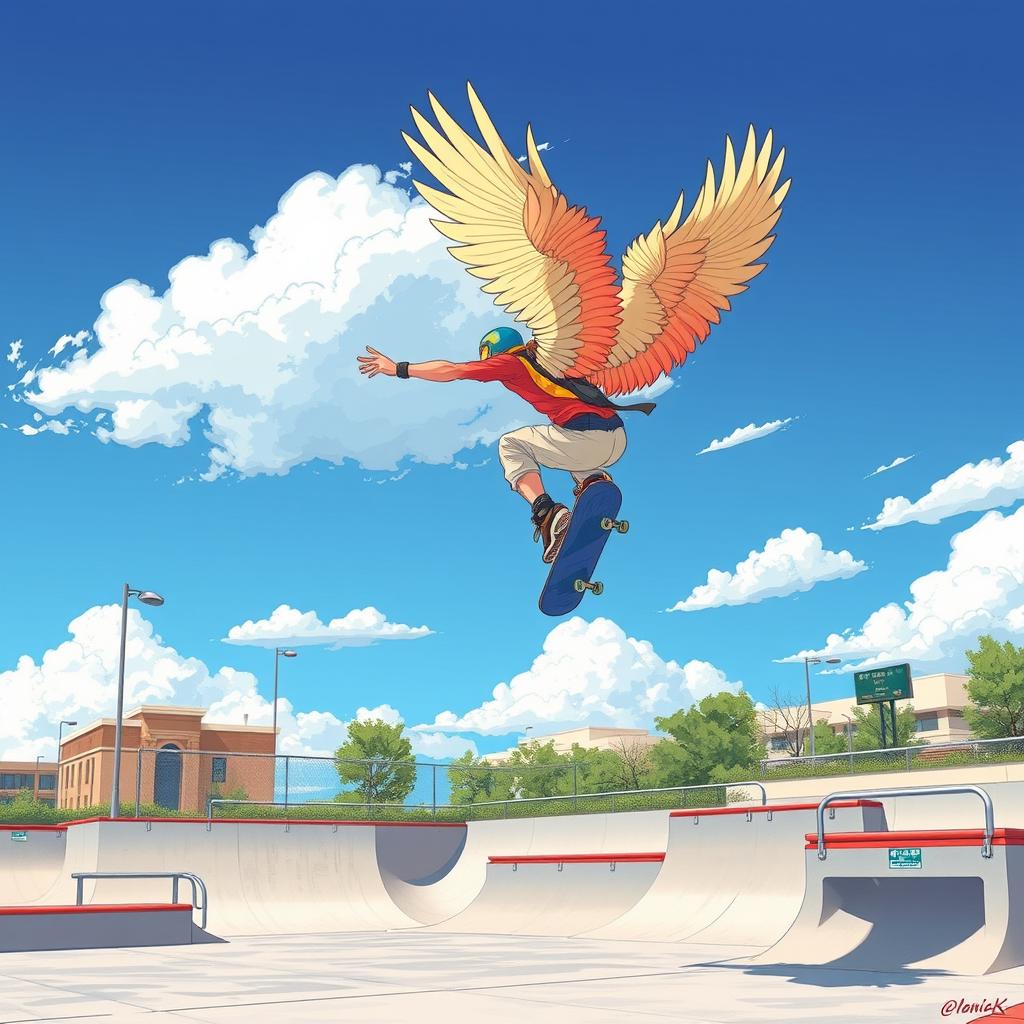 A dynamic illustration of wing skating, showcasing an athlete performing an impressive trick mid-air with large, elaborate wings attached to their back