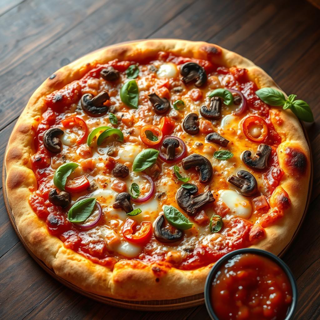 An ultra-realistic pizza showcasing a thick, hand-tossed crust perfectly baked to a rich golden brown, highlighting a crispy exterior that gives way to a soft, airy interior