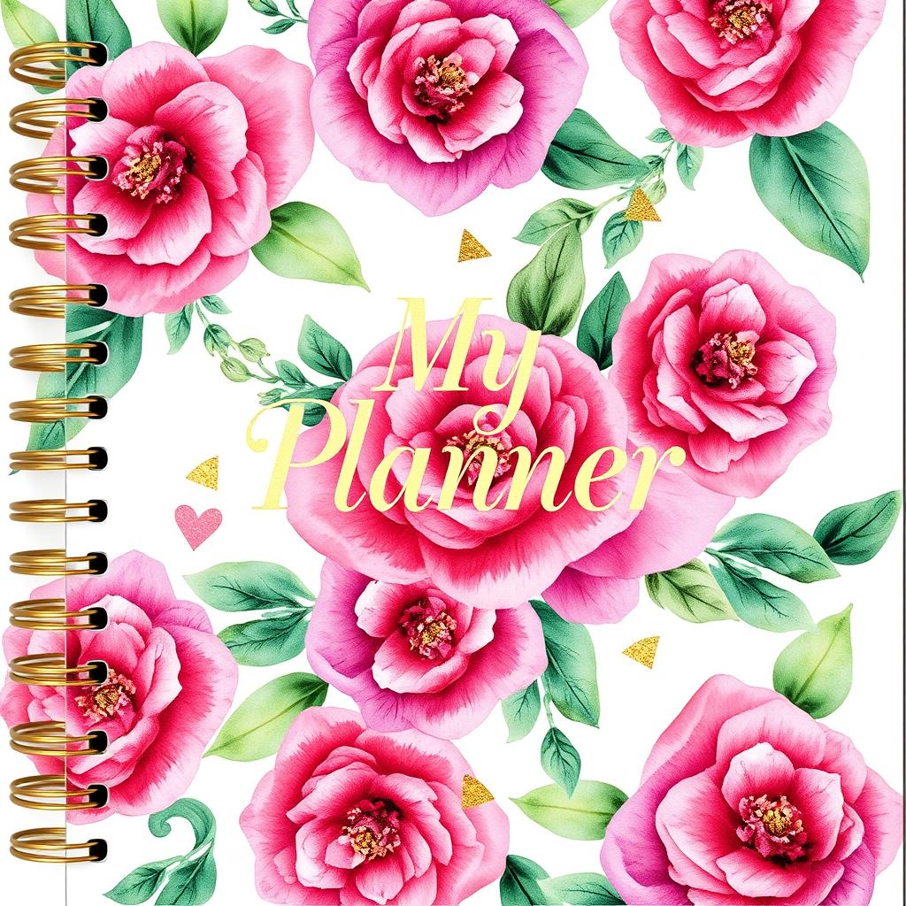 A beautifully designed planner cover featuring an intricate floral pattern with vibrant colors like pink, purple, and green, incorporating elegant typography that reads 'My Planner' in a stylish font