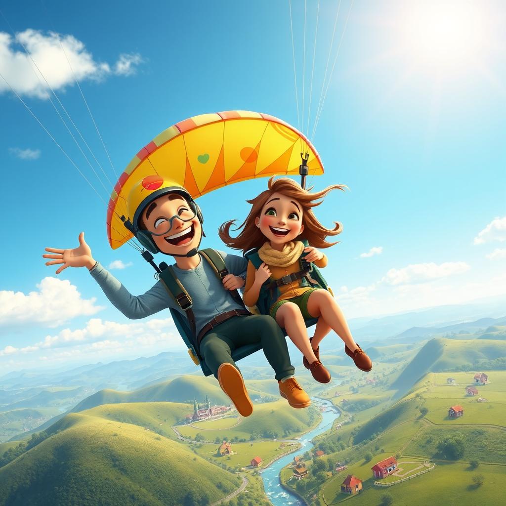 A whimsical and colorful Pixar-style illustration of tandem paragliding, featuring two animated characters joyfully soaring through a bright, blue sky