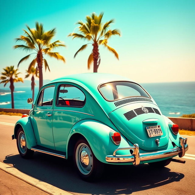 A vintage Volkswagen car in a vibrant turquoise color, showcasing its iconic rounded shape and cheerful design