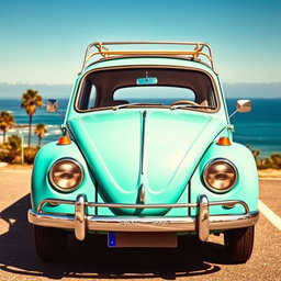 A vintage Volkswagen car in a vibrant turquoise color, showcasing its iconic rounded shape and cheerful design