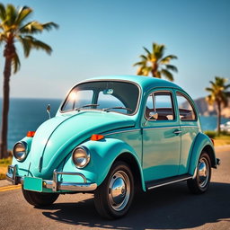 A vintage Volkswagen car in a vibrant turquoise color, showcasing its iconic rounded shape and cheerful design