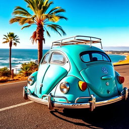 A vintage Volkswagen car in a vibrant turquoise color, showcasing its iconic rounded shape and cheerful design