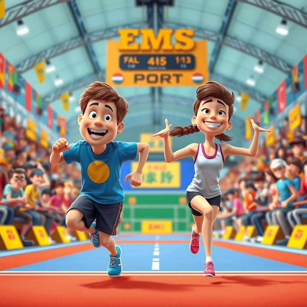 A vibrant and lively Pixar-style illustration capturing the excitement of EMS sports
