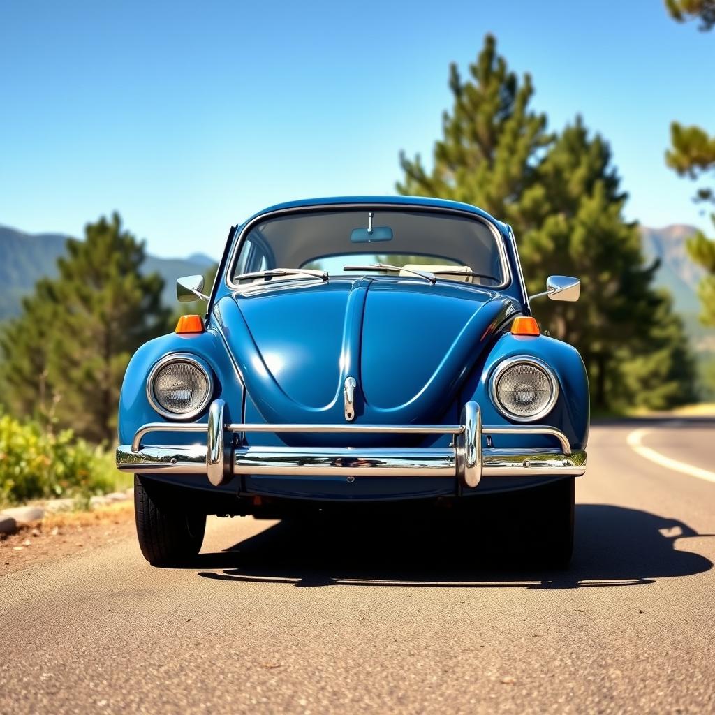 A classic Volkswagen car in a rich blue color, displaying its iconic vintage design and cheerful charm