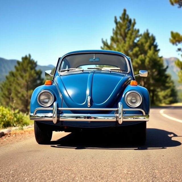 A classic Volkswagen car in a rich blue color, displaying its iconic vintage design and cheerful charm