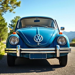 A classic Volkswagen car in a rich blue color, displaying its iconic vintage design and cheerful charm