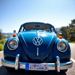 A classic Volkswagen car in a rich blue color, displaying its iconic vintage design and cheerful charm