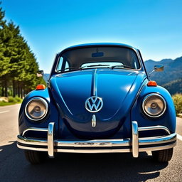A classic Volkswagen car in a rich blue color, displaying its iconic vintage design and cheerful charm